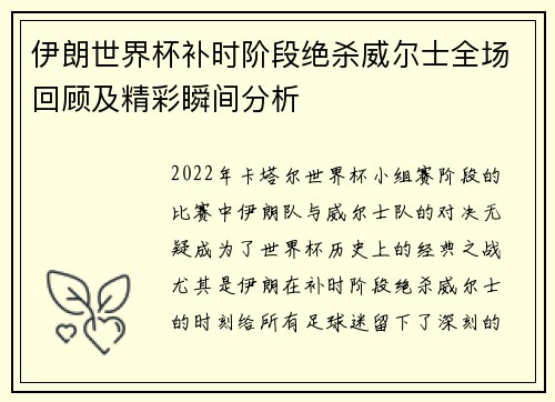伊朗世界杯补时阶段绝杀威尔士全场回顾及精彩瞬间分析