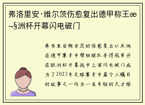 弗洛里安·维尔茨伤愈复出德甲称王欧洲杯开幕闪电破门